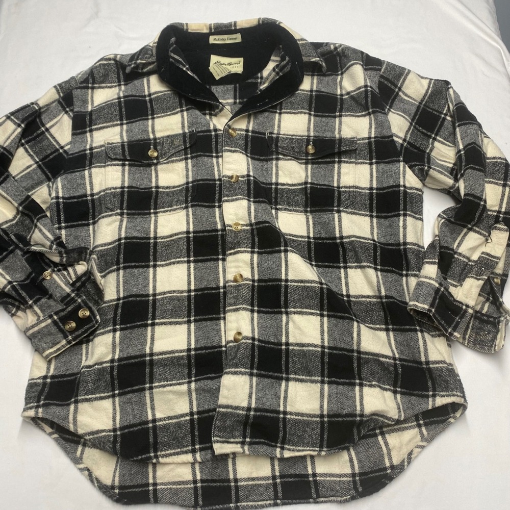 Eddie Bauer McKinley Flannel Shirt Mens L Black White Plaid Heavy Cotton L/G